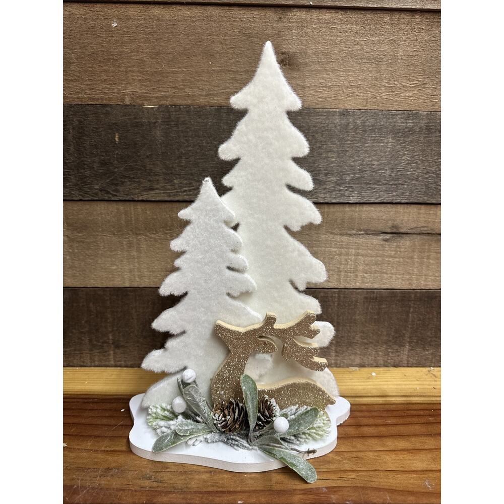 Wooden White Evergreen Reindeer Decor 13” Tall